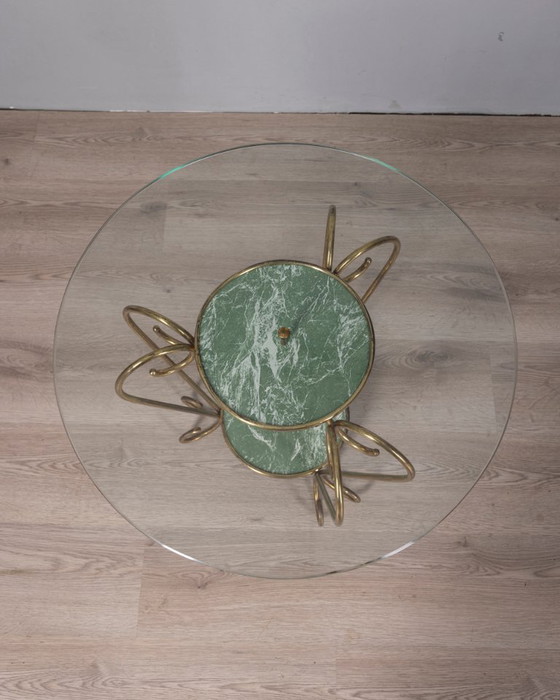 Vintage 1950s Italian-designed gold-plated brass and glass coffee table, Side tables, Green (photo 2 of 12)