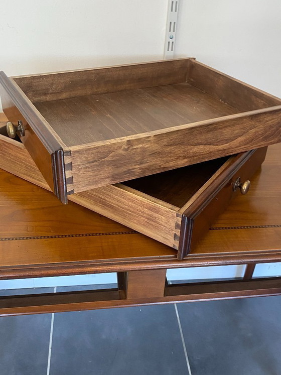 Image 1 of Bureau ancien merisier et marqueterie 2 tiroirs et 2 tablettes 112x60 h76cm
