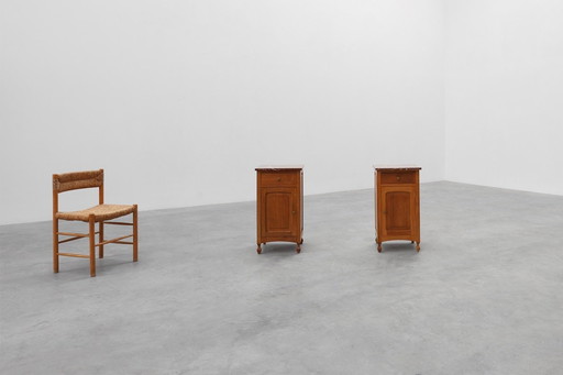 Pair of French Art Deco Nightstands in oak with marble tops, 1930s 