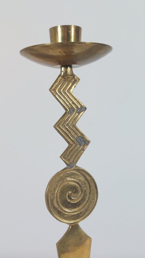 Image 1 of Pair of patinated vintage brass candlesticks, Memphis style, 1980s