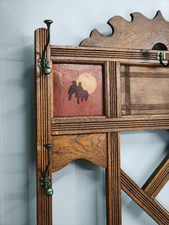 Appendiabiti Arts & Crafts in rovere massiccio, c. 1900, con ganci e portaombrelli, Legno, Metallo, Marrone (foto 11 di 14)