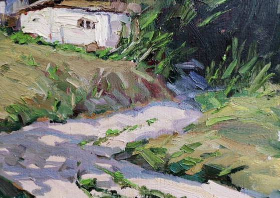 Peinture à l'huile originale Paysage rural Vie de village d'été Campagne Au-delà du puits (photo 8 of 11)