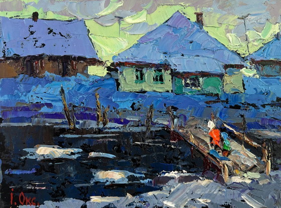 Image 1 of Original Oil Painting Winter River Landscape The evening light of the native house