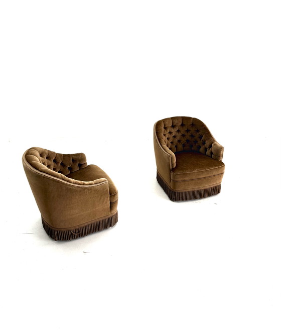 Set Van 2 Vintage Velours Fauteuil, Frankrijk ‘60 – Wood, Textile (photo 5 of 10)