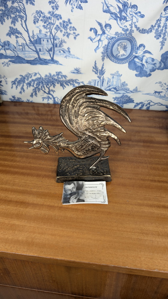 Image 1 of Yves LOHÉ "Cocorico" verguld bronzen haan sculptuur met certificaat, Vintage 1990