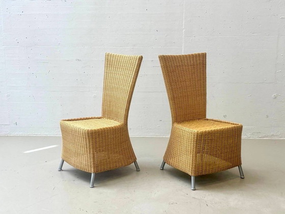 4 rattan wicker chairs with high backrests and metal legs, 1990s – Dining chairs (photo 8 of 8)