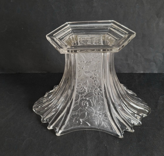 Image 1 of Art Deco crystal fan vase. Satin-finished floral motif in relief. "Czecoslovaque"