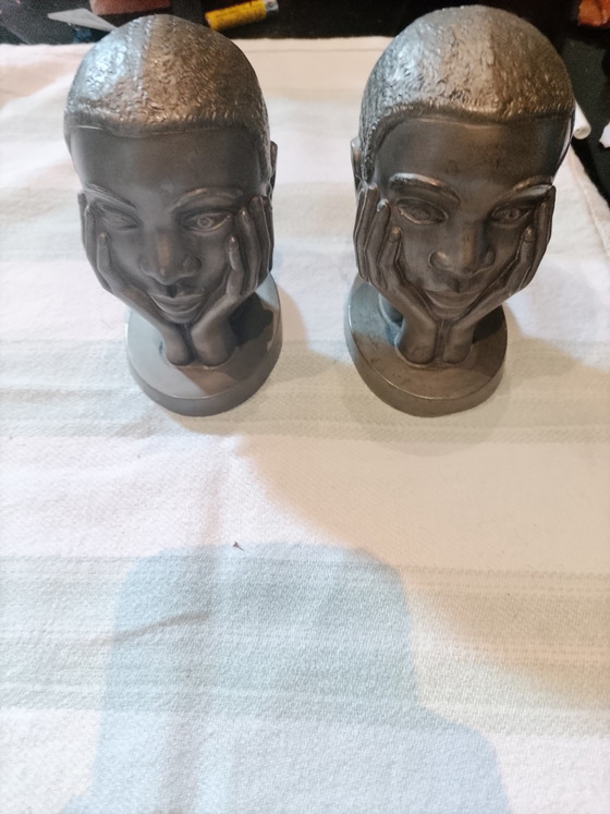 Image 1 of Art Pewter Bookends/Sculptures - The Pewter Makers of Huy - Vintage Mid-Century