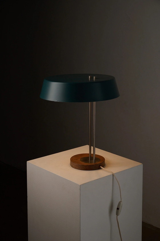 Mid-Century Modern Petrol Green Metal and Wood Table Lamp, Germany, Aluminium, Mid Century Modern (photo 6 of 10)