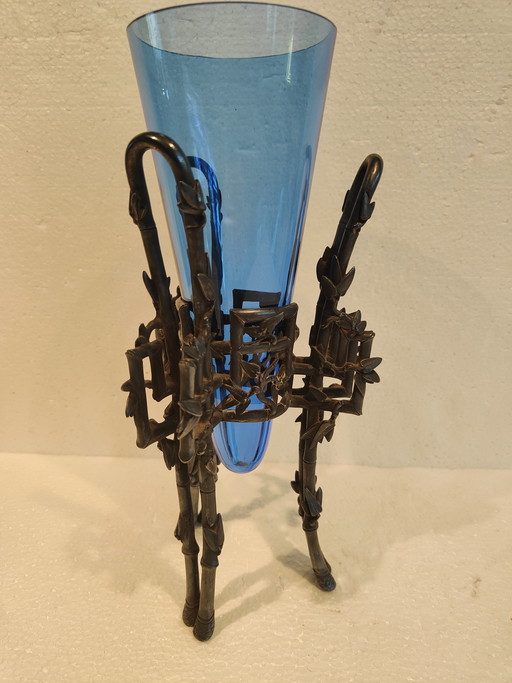 Jarrón Christofle de estilo japonés, monoflore de bambú en vidrio craquelado y "bambú" de bronce plateado.