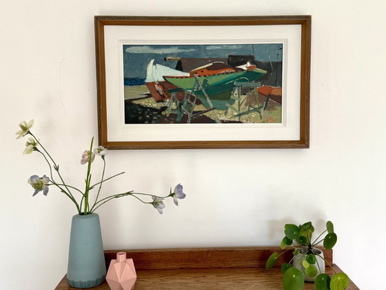 Image 1 of Scène portuaire moderniste du milieu du siècle « Bateau débarqué », huile sur toile de John Börén (1903-1983)