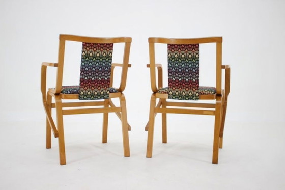Image 1 of Set of Two Rare 1970s Czechoslovakian Bentwood Armchairs by TON in Colorful Patterned Fabric