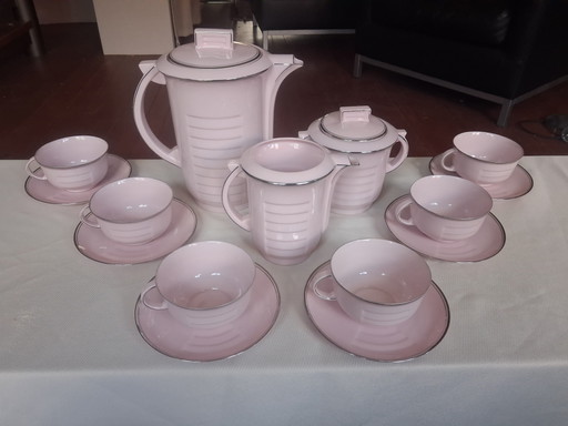 Servizio da caffè/tè Art Déco originale - Epiag, Cecoslovacchia (anni '20/'30) - Porcellana rosa con bordo argentato