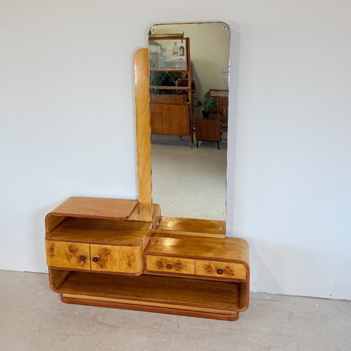Unique Halabala-style Art Deco dressing table with Bakelite handles – kaptafels, Glass, Wood