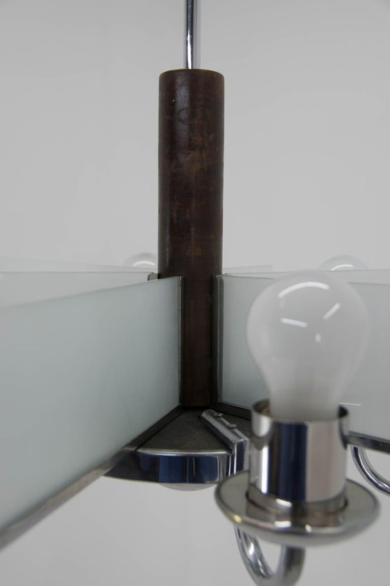 Image 1 of Six-Arm Art Deco Chandelier in Chrome and Sandblasted Glass, 1940s