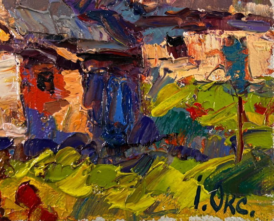 Image 1 of Original Oil Painting Village Day Landscape Village under the summer sky