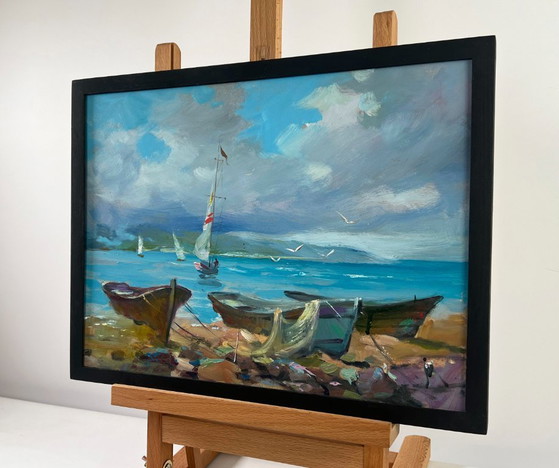 Image 1 of Peinture à l'huile originale Paysage côtier d'été Vagues de la mer et cris de mouettes