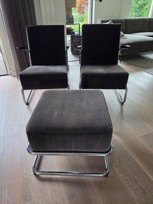 Gispen 412 – 2 Sessel + Ottomane | Niederländische Originale – fauteuils, Chrome (photo 2 of 8)