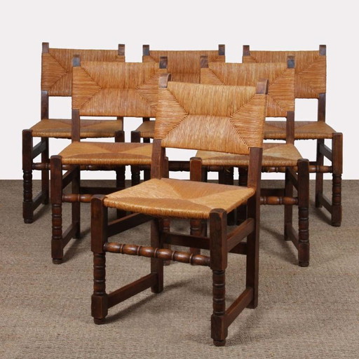 Set of 6 straw-seated wooden chairs, French work, 1950