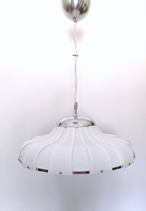 Image 1 of Vintage XL Meblo Pendant Light / Rare Meblo Guzzini Ceiling Light / White Acrylic Light/ Mcm Lightning / Big Hanging Light 