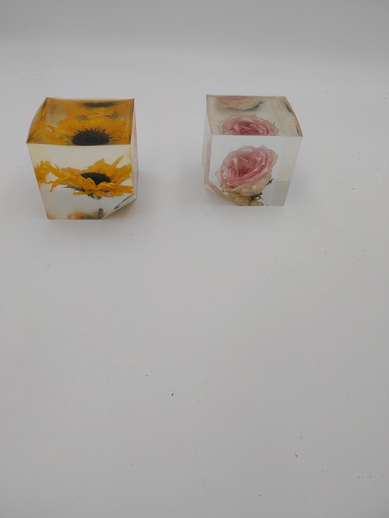 Image 1 of Deux compositions florales dans des blocs de résine époxy. Rose et tournesol, 10 x 10 x 10 cm.