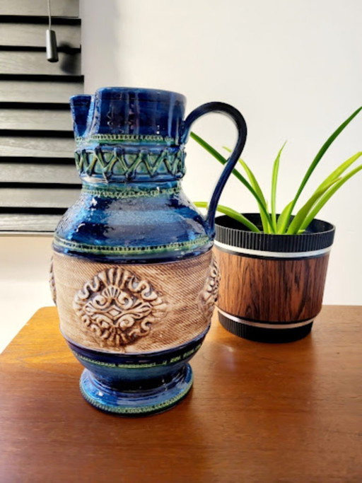 Blue ceramic jug in Bitossi style, 1960s in Italy