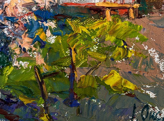 Image 1 of Original Oil Painting Village Day Landscape Petals under the warm spring sun