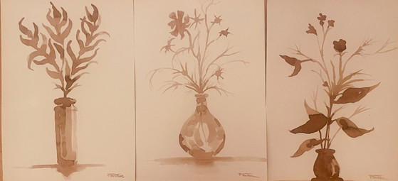 Image 1 of Set of 3 still life paintings with vases of dried flowers, Wabi Sabi style
