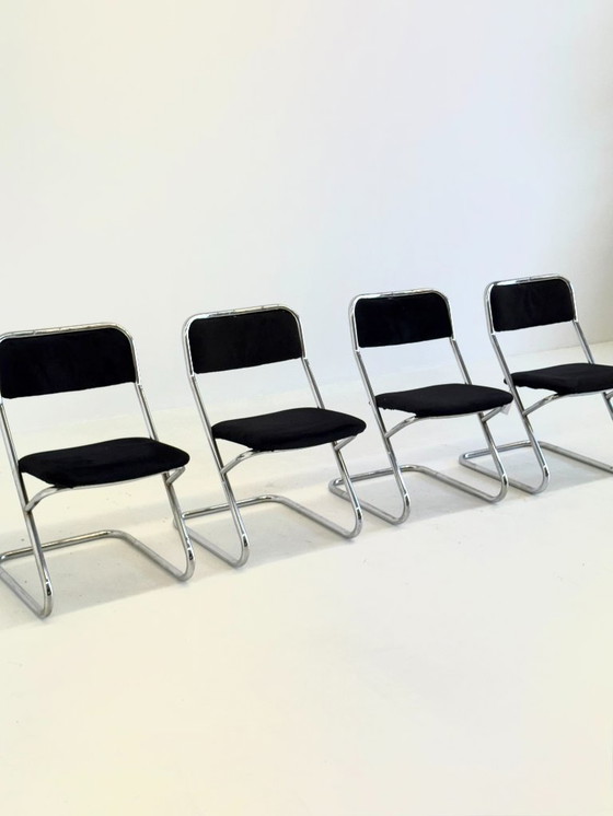 Image 1 of Set of 4 vintage tubular frame dining chairs in black velvet