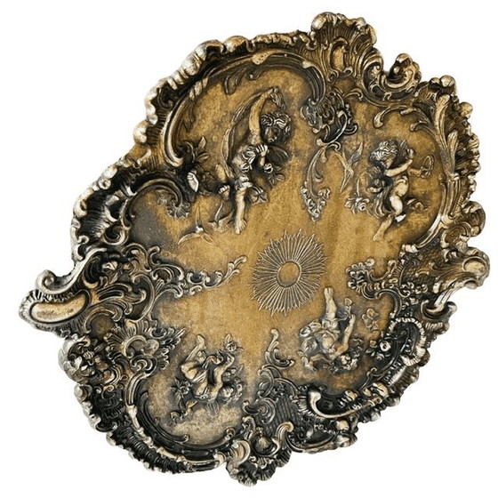 Image 1 of Antiek art nouveau messing wandbord nimfen cherubijnen wandplaquette 1910's