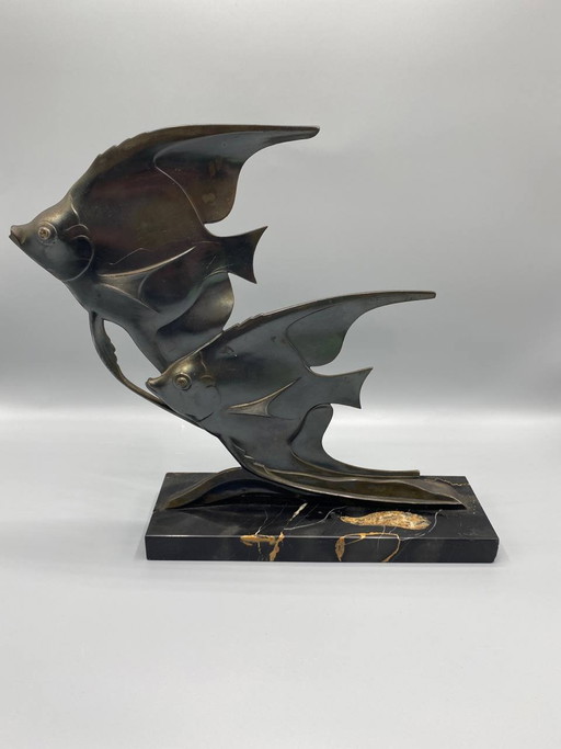 Art-déco-Skulptur – Zwei Skalarfische – Signiert M. Font – Bronze und Portoro-Marmor – beeldhouwkunst, Art Deco