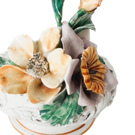 Image 1 of Vintage Italian Baroque Capodimonte Vase Porcelain Rococo Flowers 1960s
