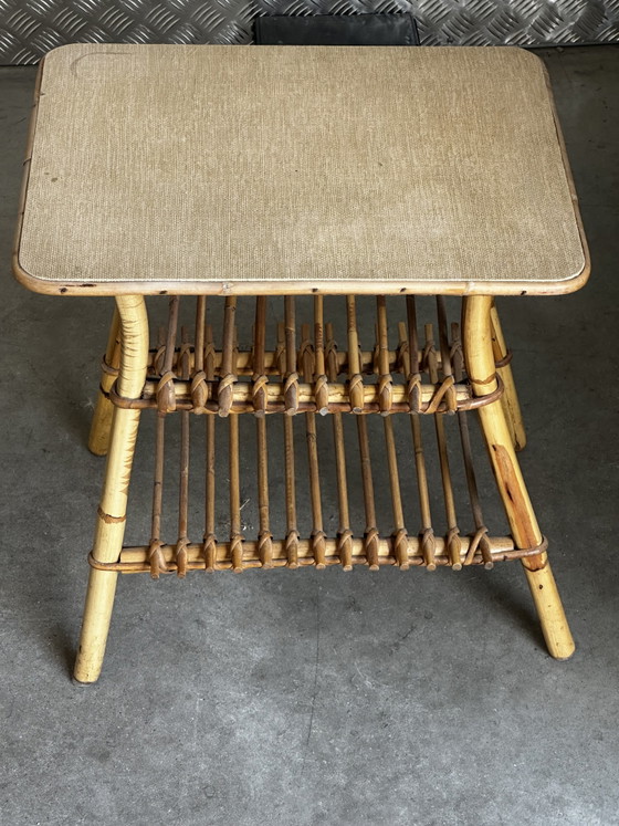 Vintage Bamboo and Rattan Side Table with Magazine Rack – 1970s – Osier seventies, Wicker (photo 3 of 11)