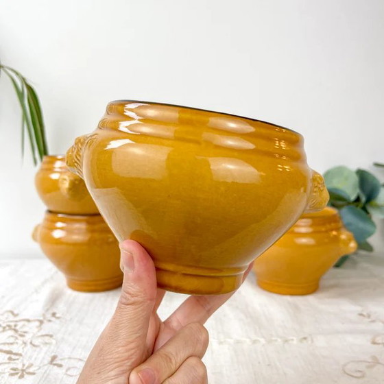 4 Ciotole Vintage in Ceramica Testa di Leone per Zuppa di Cipolle - Miele e Nero, Made in France – Retro (photo 6 of 9)
