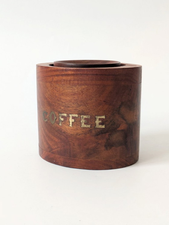 Image 1 of Midcentury Teak Coffee Canister with Brass Inlay Letters, Danish Modern Wooden Storage Jar