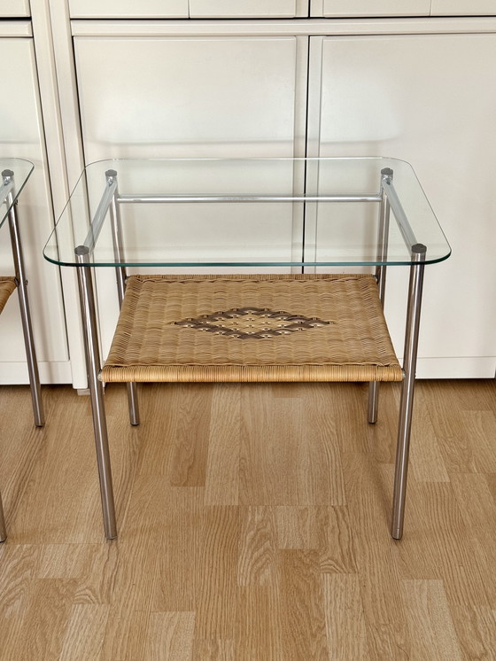 Image 1 of Set of vintage side tables/side tables with chrome, wicker and glass - 1970s