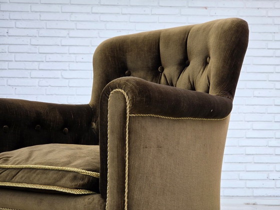 Image 1 of Anni '50, poltrona scandinava, velluto verde per mobili, legno di frassino.