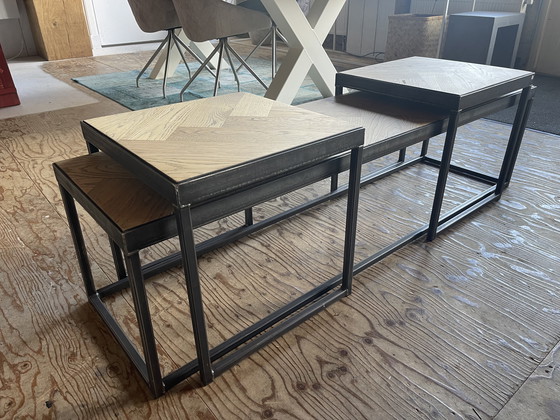 Image 1 of Set of 3 industrial oak herringbone coffee tables.