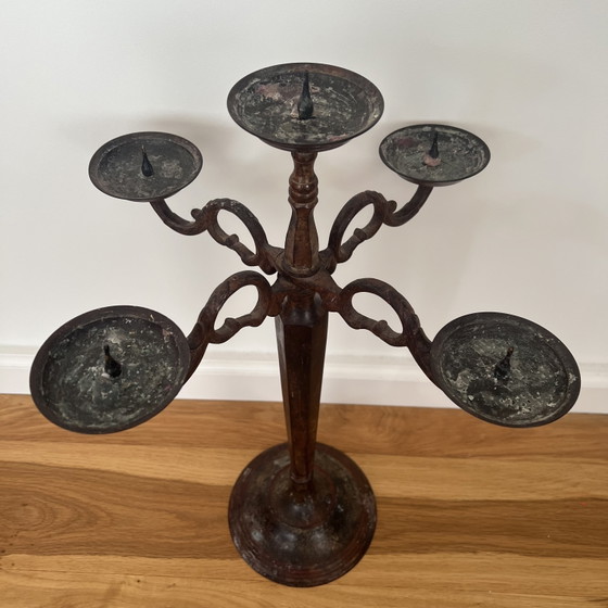 Antieke/Vintage 5-Armige Kandelaar – Metaal Met Verweerde Patina – Kandelaars en kaarsen, Iron, Metal (photo 5 of 5)
