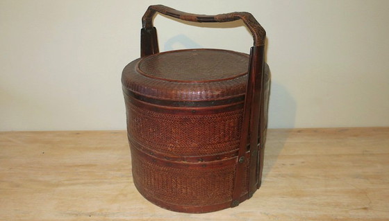 Image 1 of Antieke mand van hout en rotan met 3 vakken, 1900