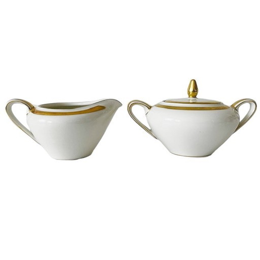 Eschenbach Bayerisches Creme-Porzellan-Set, cremeweiß, Gold, 1940er Jahre