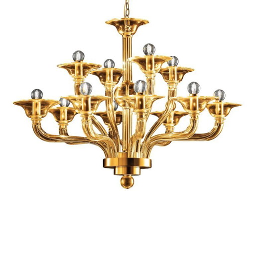 Moderner, bernsteinfarbener, linearer Kronleuchter aus Muranoglas in Gold im zeitgenössischen Stil