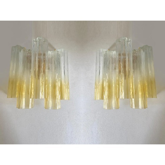 Image 1 of Pair of Luxury Amber & Clear Murano Glass Tronchi Wall Sconces