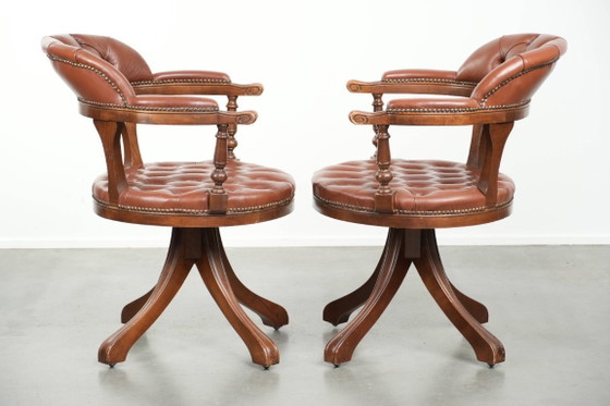 Image 1 of 2 x Swivel English Style Cowhide Leather Chesterfield Office Chairs in a Beautiful Brown Color