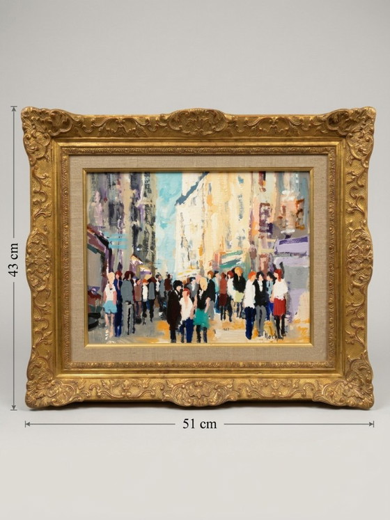 Urbain Huchet (1930–2014) — La Rue de la Huchette, París, Óleo sobre Lienzo en un Marco Montparnasse (photo 11 of 11)