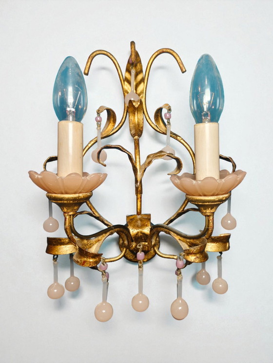 Image 1 of Murano-style pink opal glass lighting set – 6-light chandelier + 2 wall lights