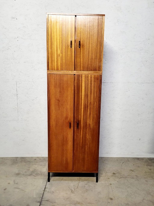 2-delige (losse delen) vintage hoge opbergkast – 1960s – Echt houtfineer
