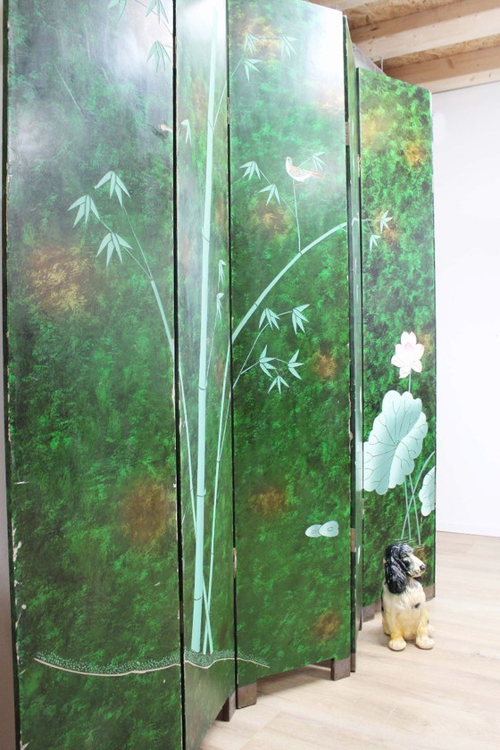 Large Art Deco style room screen. Wooden vintage room divider, Green (photo 13 of 15)