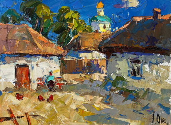 Image 1 of Original Oil Painting Summer Village Landscape Warmth in the yard