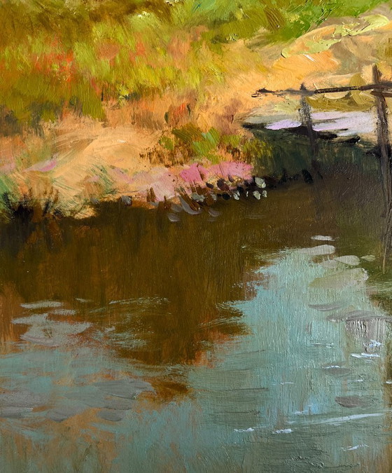 Image 1 of Original Oil Painting Nature River Landscape The Road Leading Home